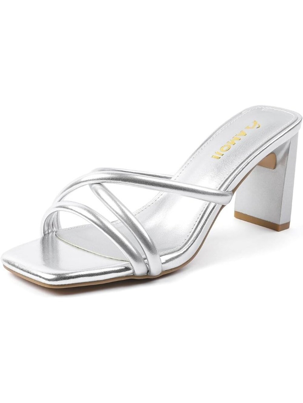 Women's 3 Inches Slip On Silver Block Heels Square Toe Casual Heeled Sandals